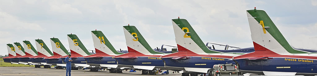 Frecce Tricolori demonstration team of the Italian Air Force performing at an air show in their Aermacchi MB-339 aircraft